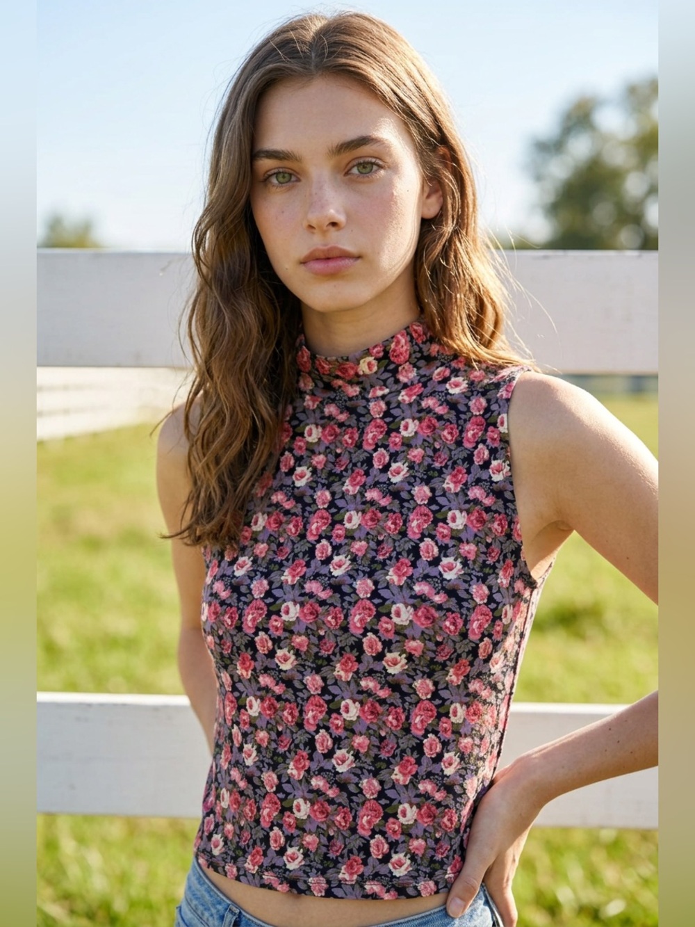 Floral Sleeveless High Neck Crop Top small